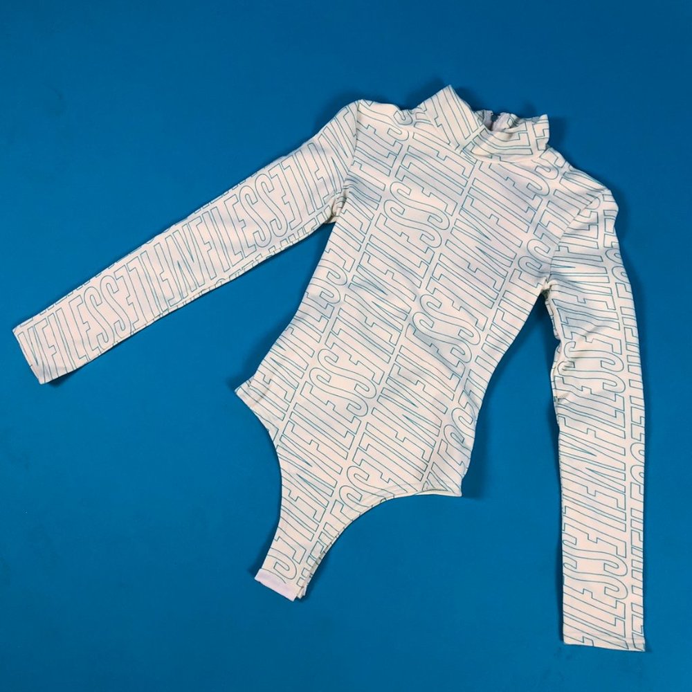 V Files white baby blue all over logo long sleeve mock neck bodysuit - Picture 2 of 7